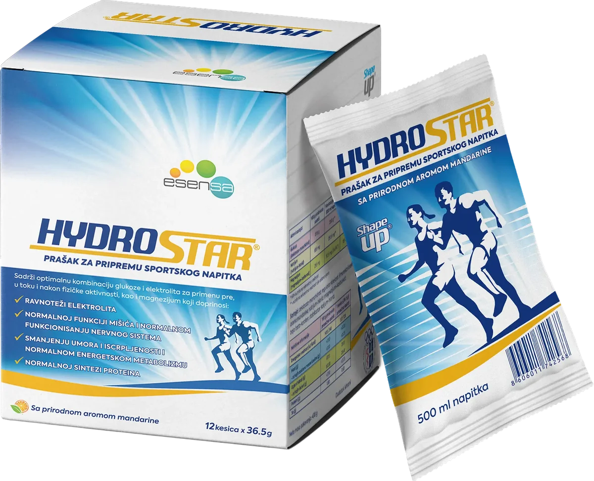 Hydrostar prašak za rehidrataciju - kutija sa 12 kesica i pojedinačna kesica sa aromom mandarine